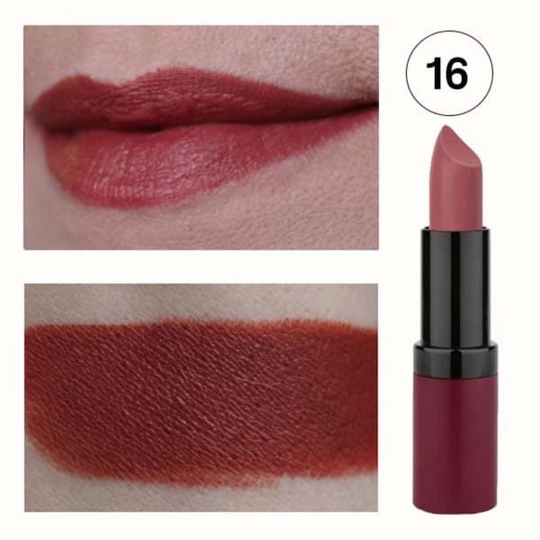 رژ لب جامد گلدن رز مدل Velvet Matte کد ۱۶ — تصویر ۸