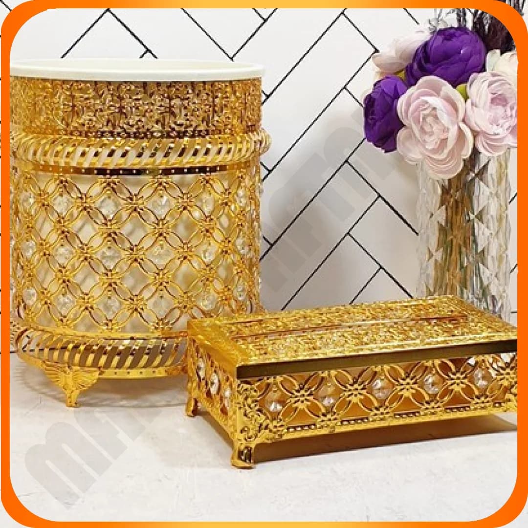 سطل دستمال کریستال شکم دار یاس طلایی خاتم