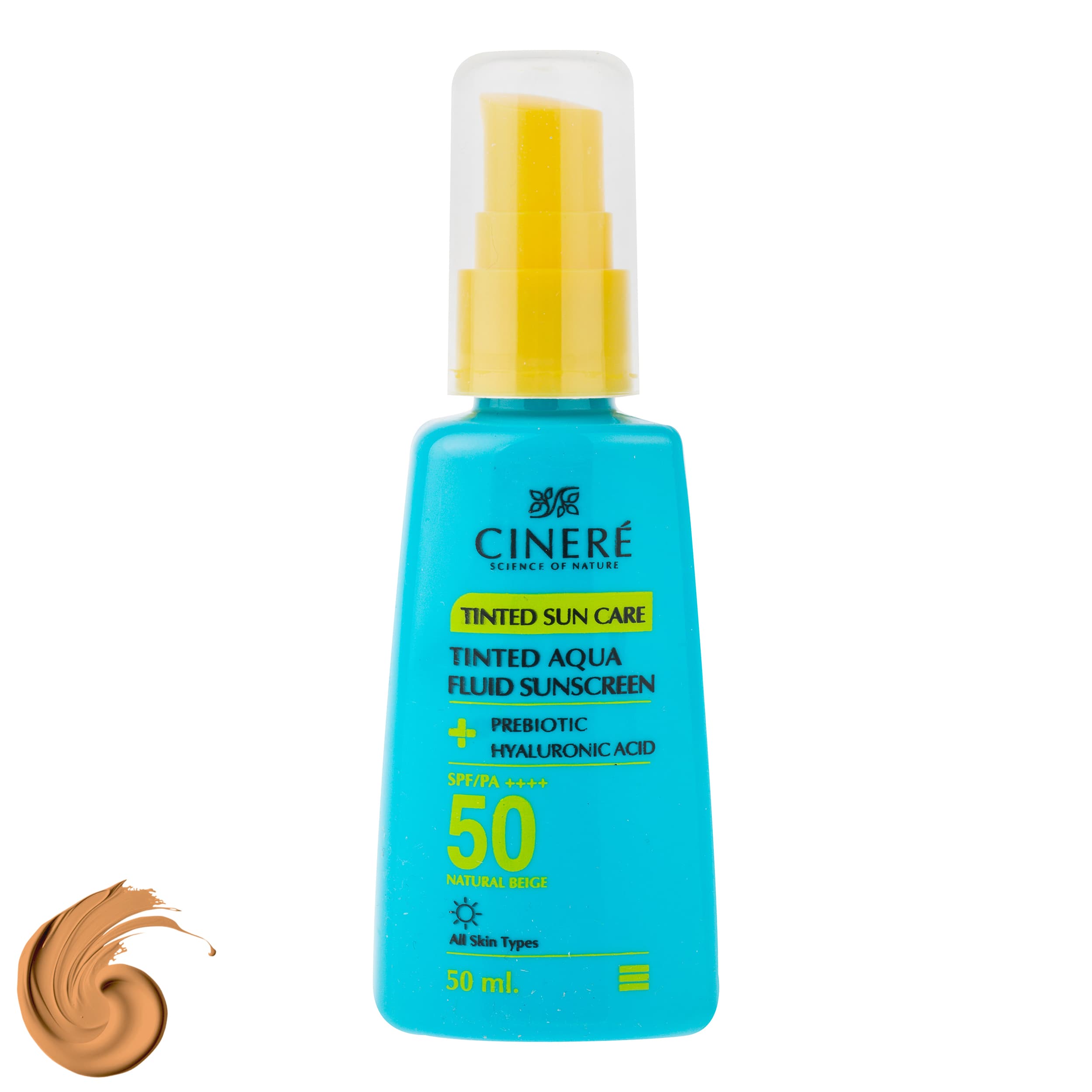 فلوئید ضد آفتاب رنگی بژ طبیعی صورت سینره SPF 50 مدل AQUA محافظ UVA ،UVB و ++++PA مناسب برای انواع پوست حجم 50 میلیلیتر — تصویر ۲