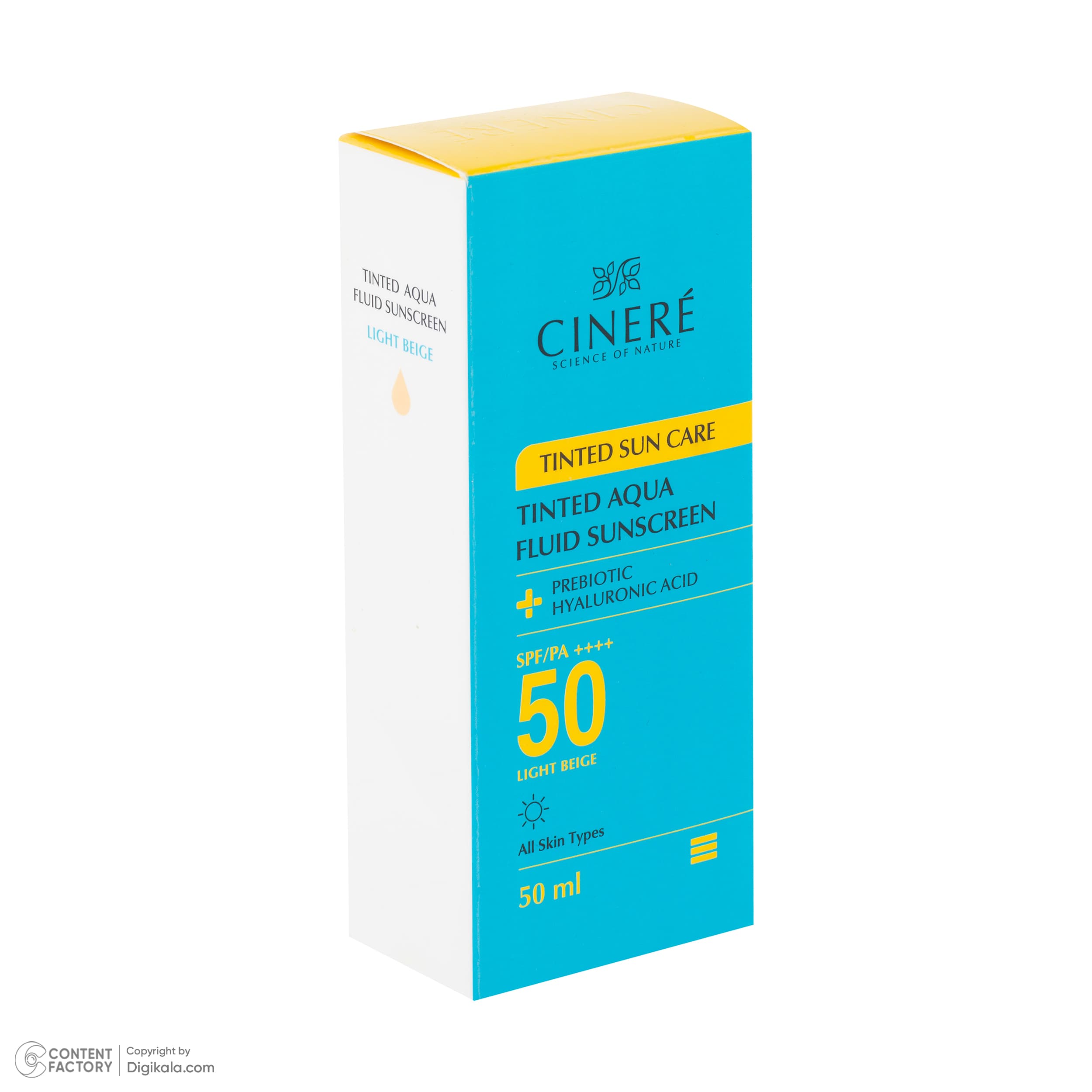 فلوئید ضد آفتاب رنگی بژ روشن صورت سینره SPF 50 مدل AQUA ‌محافظ UVA ،UVB و ++++PA مناسب برای انواع پوست حجم 50 میلی‌لیتر — تصویر ۳