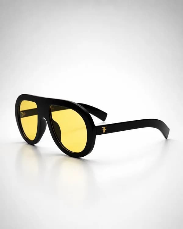 عینک آفتابی UV400 اروپایی اورسایز فریم مشکی عدسی زرد | Yellow Lens Flat-Top Aviator Oversized Sunglasses