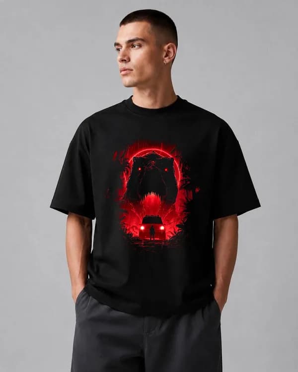 تیشرت باکسی مشکی | طرح پارک ژوراسیک | Dark Creature Neon Graphic Tee — تصویر ۲