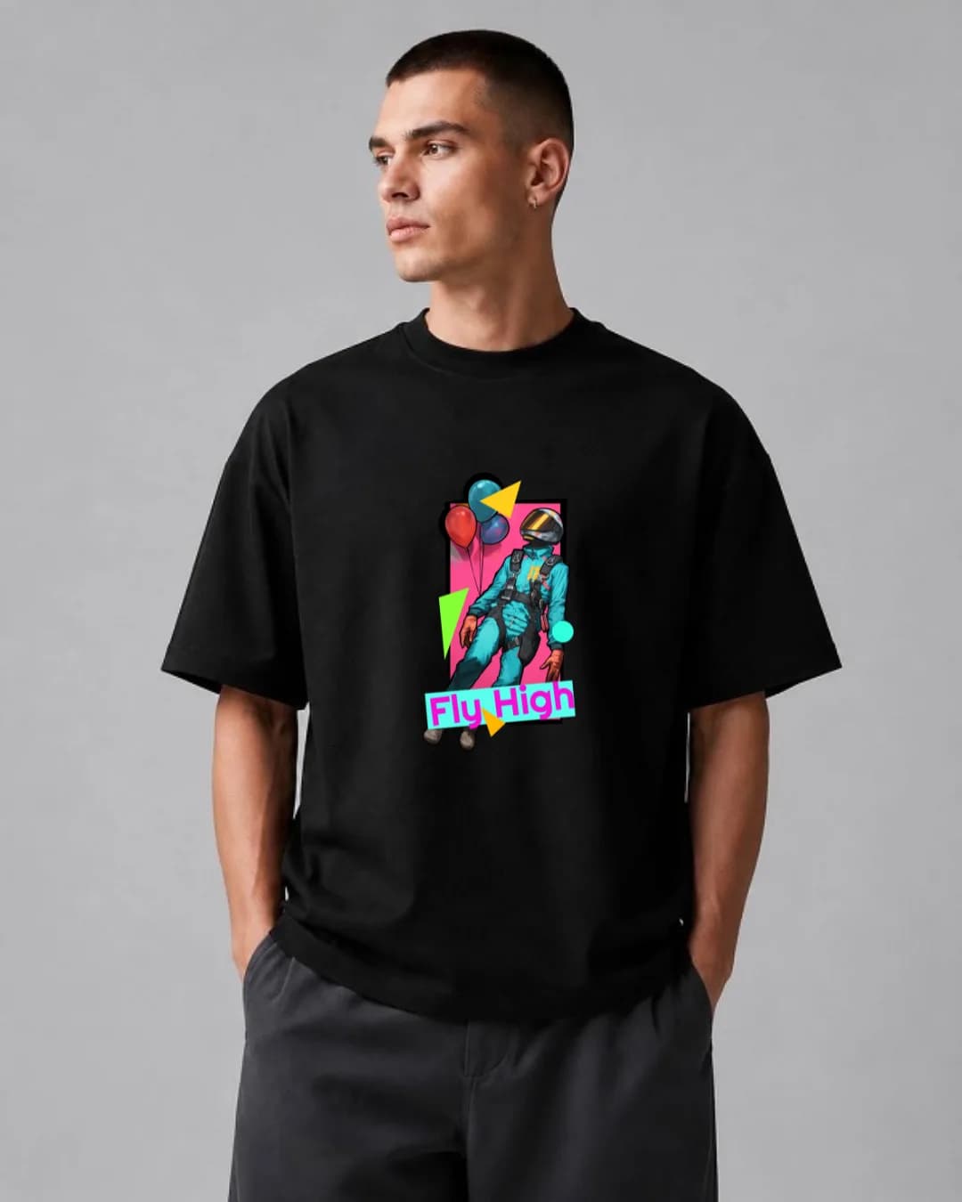 تیشرت باکسی | طرح خلبان رترو با بادکنک | Fly High | سبک Vaporwave Streetwear — تصویر ۴