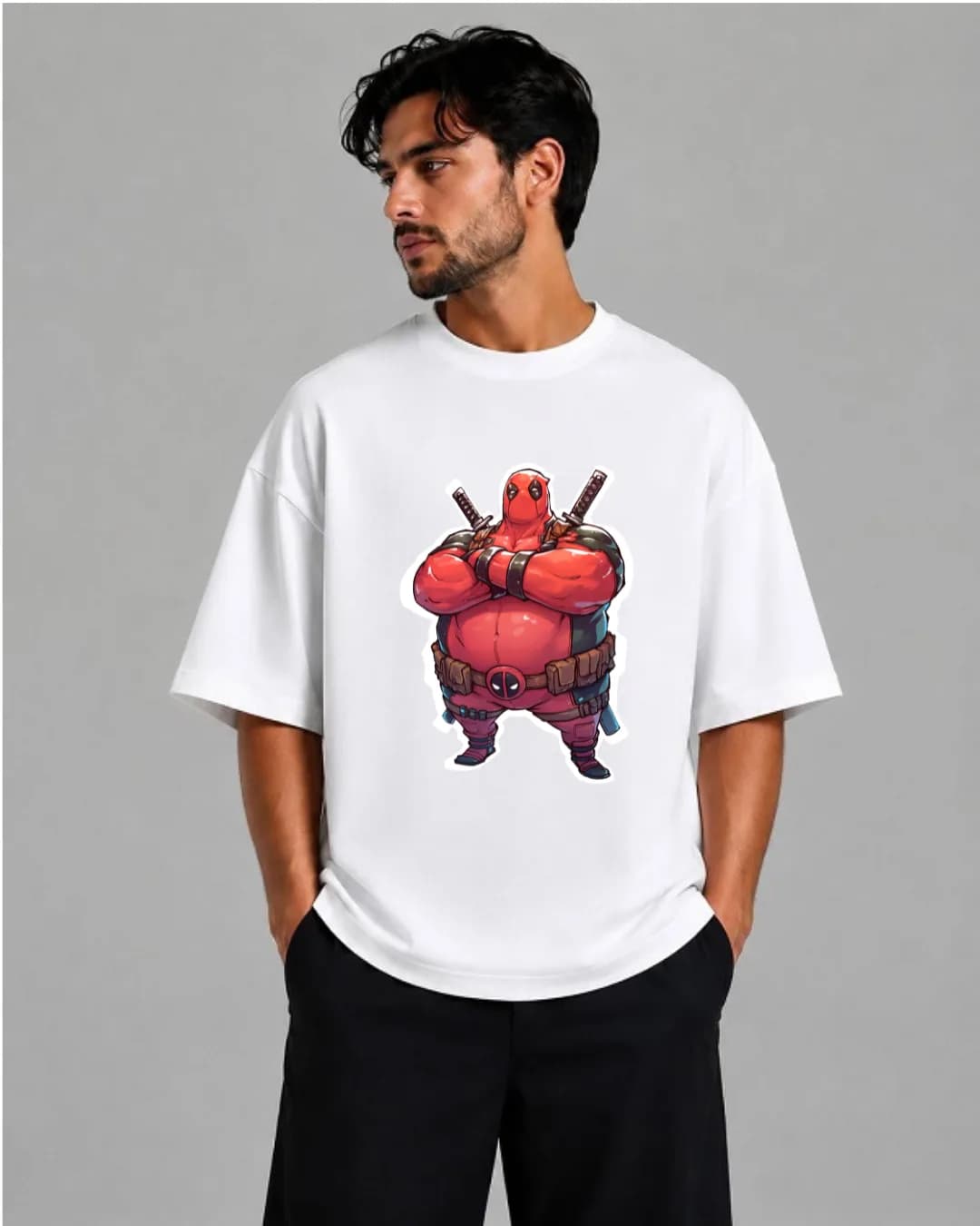 تیشرت باکسی سفید | طرح ددپول فانتزی | سبک Chonky Comic Streetwear — تصویر ۲