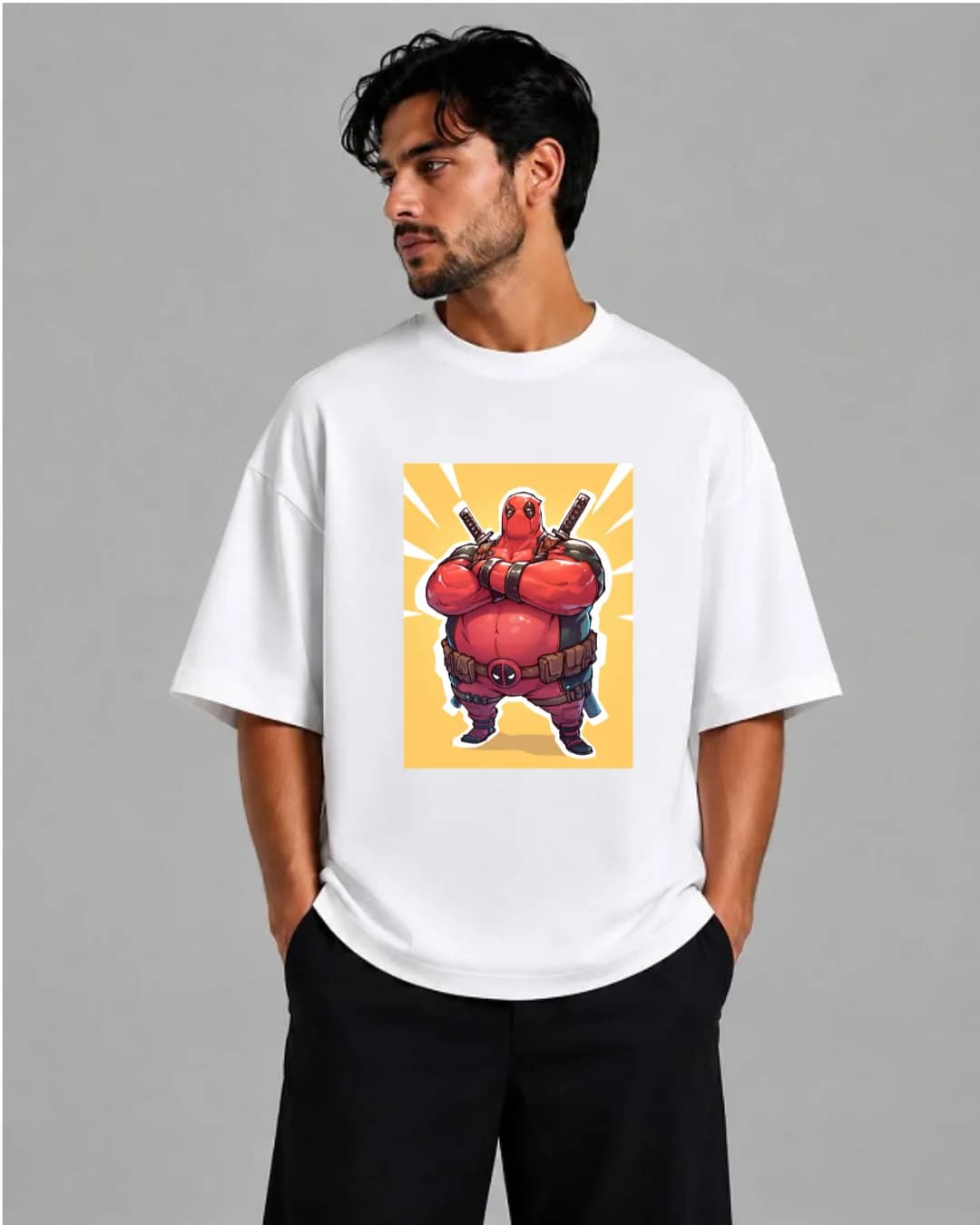 تیشرت باکسی سفید | طرح ددپول فانتزی | سبک Chonky Comic Streetwear — تصویر ۳