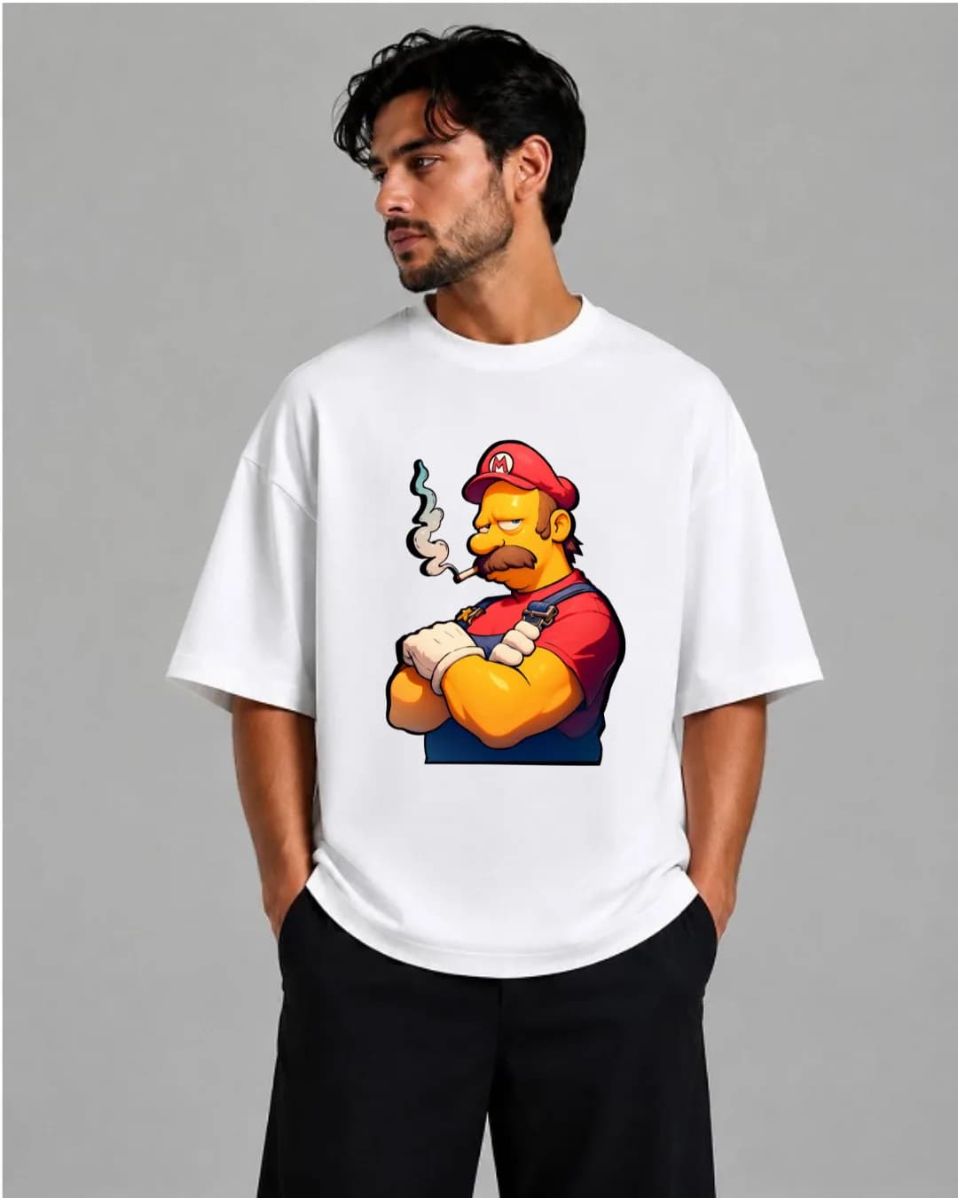 تیشرت باکسی | طرح ترکیبی سوپرماریو و سیمپسون | سبک Cartoon Mashup Streetwear