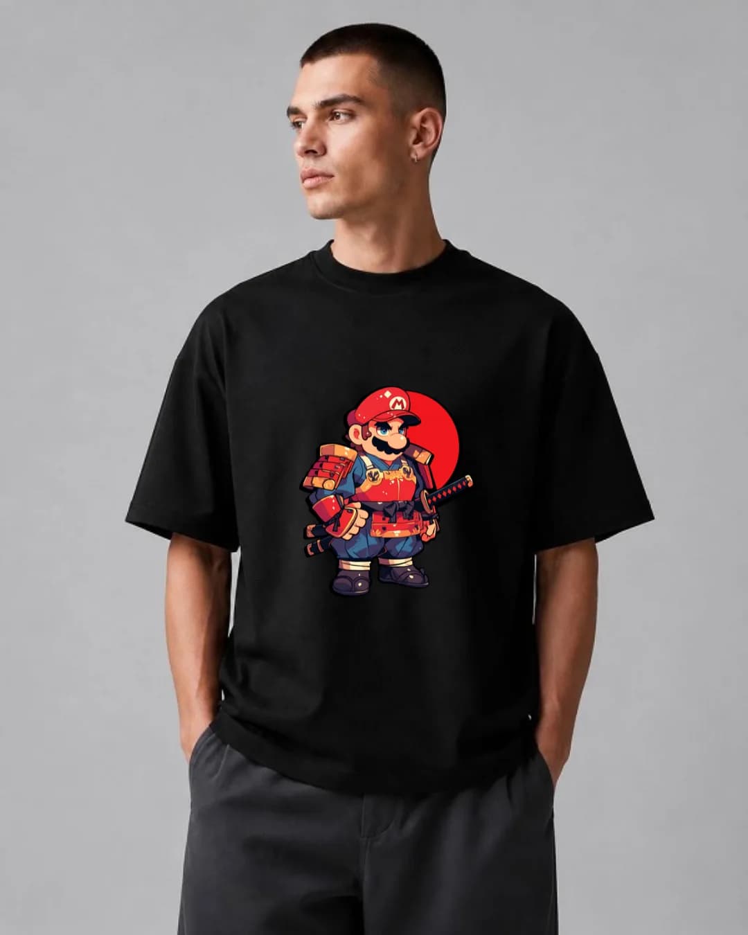 تیشرت باکسی | طرح ترکیبی سوپرماریو و سامورایی | سبک Chibi Action Streetwear — تصویر ۲