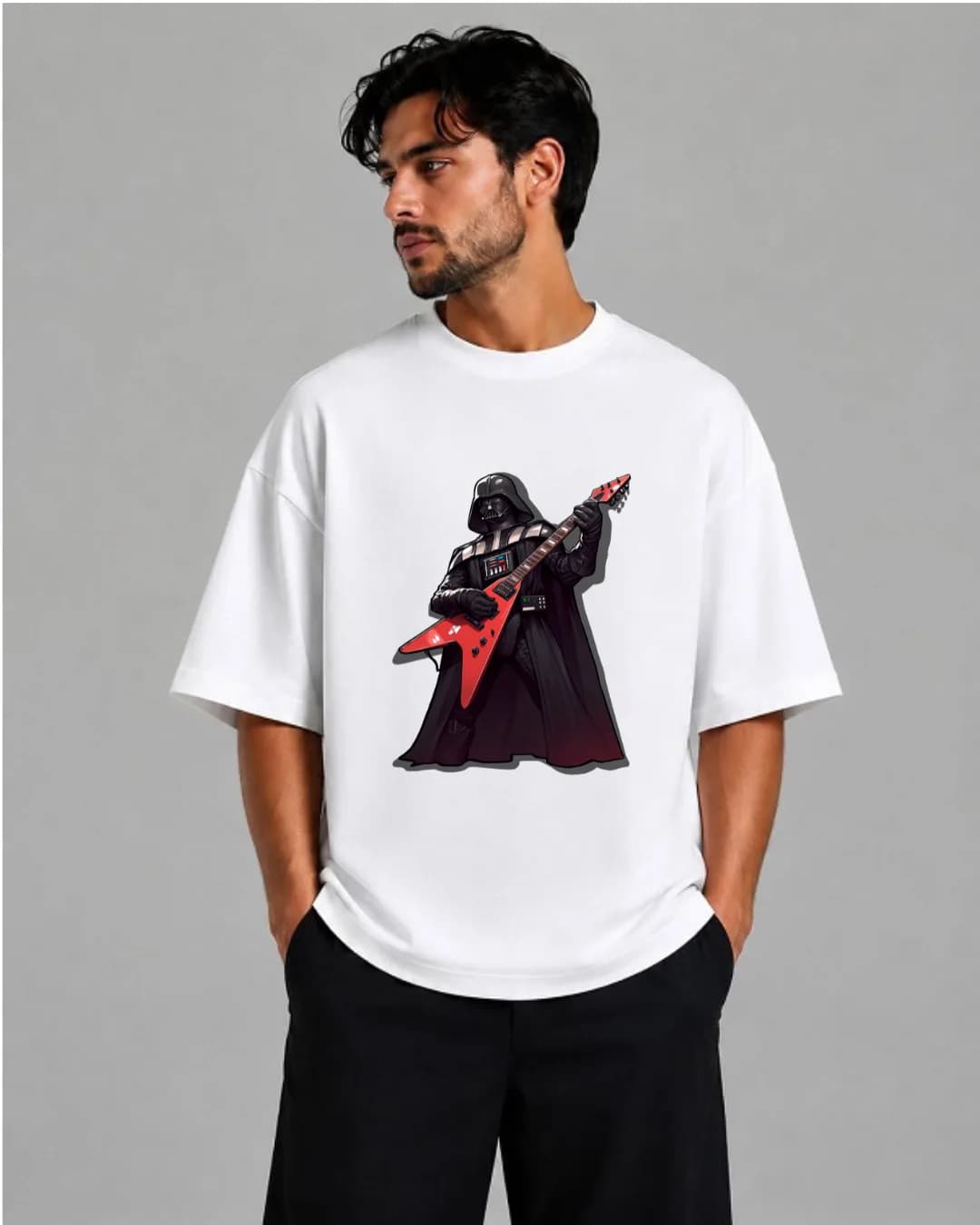 تیشرت باکسی سفید | طرح Darth Vader گیتاریست از جنگ ستارگان | سبک Dark Rock Graphic — تصویر ۲