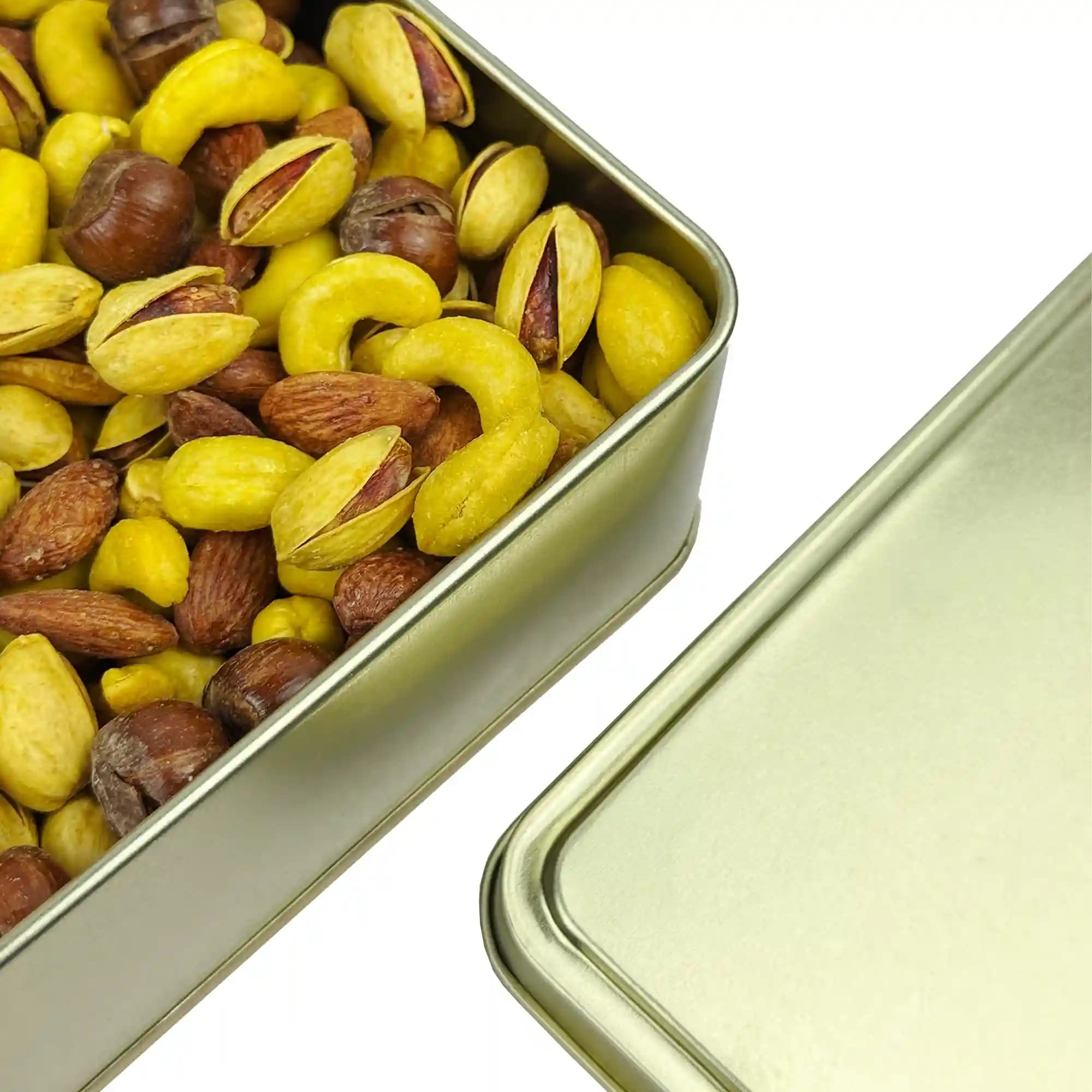 جعبه کادویی فلزی آجیل چهارمغز برشته زعفرانی — تصویر ۵