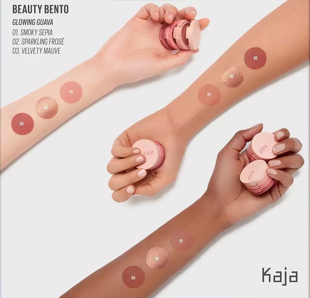 پلت سایه سه تایی کره ای کاجا رنگ Kaja Beauty Bento Bouncy Matte &amp; Shimmer Eyeshadow Trio |Glowing Guava — تصویر ۴