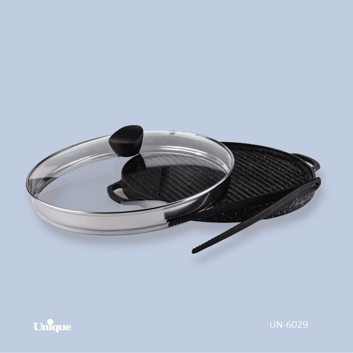 تابه گریل یونیک گرد سایز 34 درب دار با انبر UN-6029