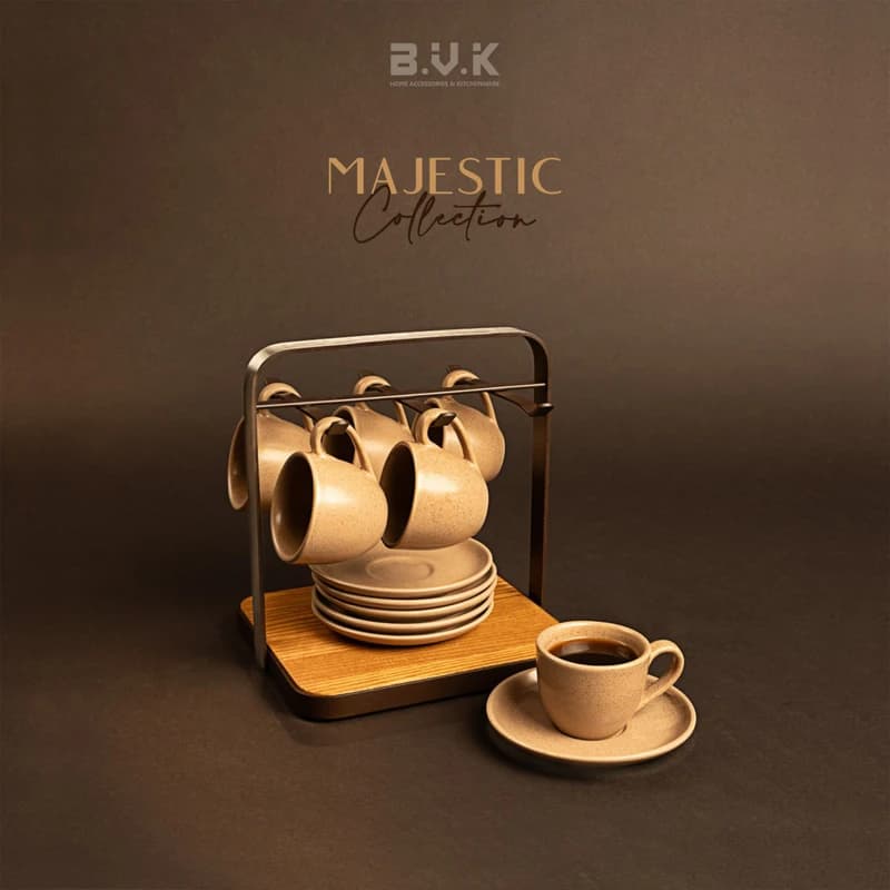 ست فنجان و نعلبکی 6 نفره همراه با استند BVK بی وی کی طرح مجستیک کد VK452612
