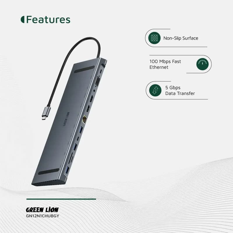 هاب تایپ سی 12 در 1 گرین لاین با خروجی HDMI و اترنت و 4K مدل GHB-8 — تصویر ۳