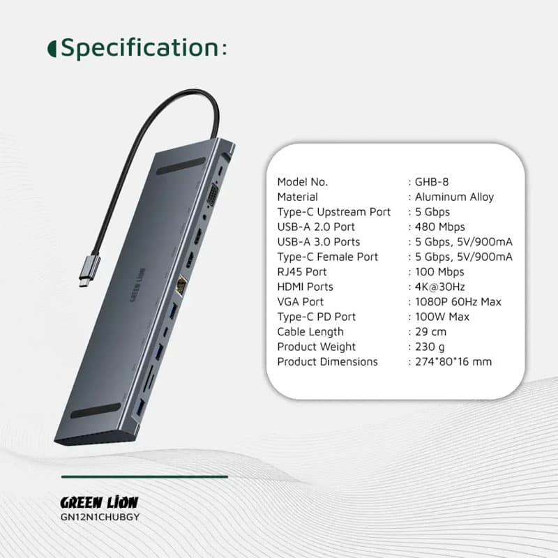 هاب تایپ سی 12 در 1 گرین لاین با خروجی HDMI و اترنت و 4K مدل GHB-8 — تصویر ۶