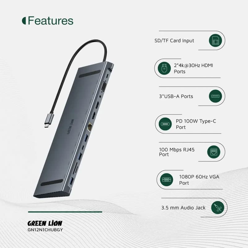 هاب تایپ سی 12 در 1 گرین لاین با خروجی HDMI و اترنت و 4K مدل GHB-8 — تصویر ۸