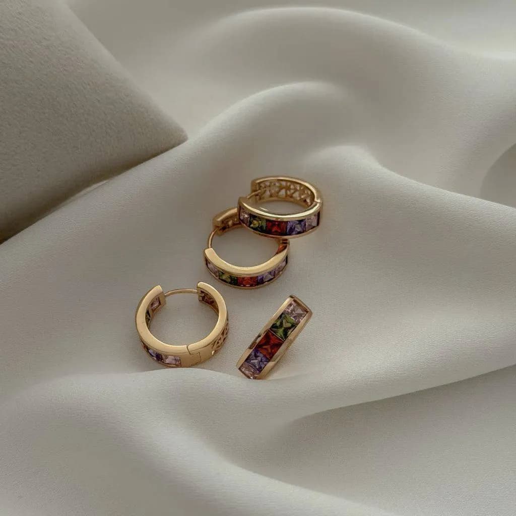 گوشواره حلقه‌ای نگین رنگی آبکاری طلا ژوپینگ کد 3533