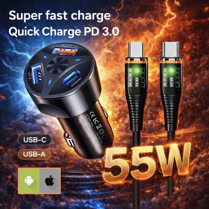 شارژر فندکی 55 وات سه پورت فرست یو مدل F054 به همراه کابل USB-C — تصویر ۵