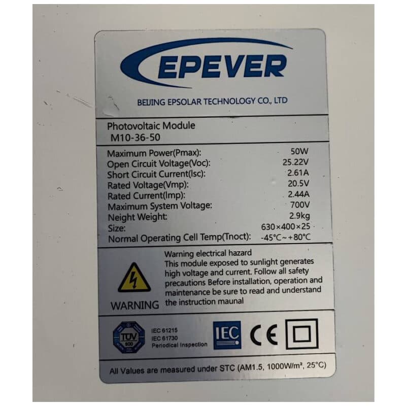 پنل خورشیدی مونو کریستال 50 وات EPEVER مدل M10‑36‑50 — تصویر ۲