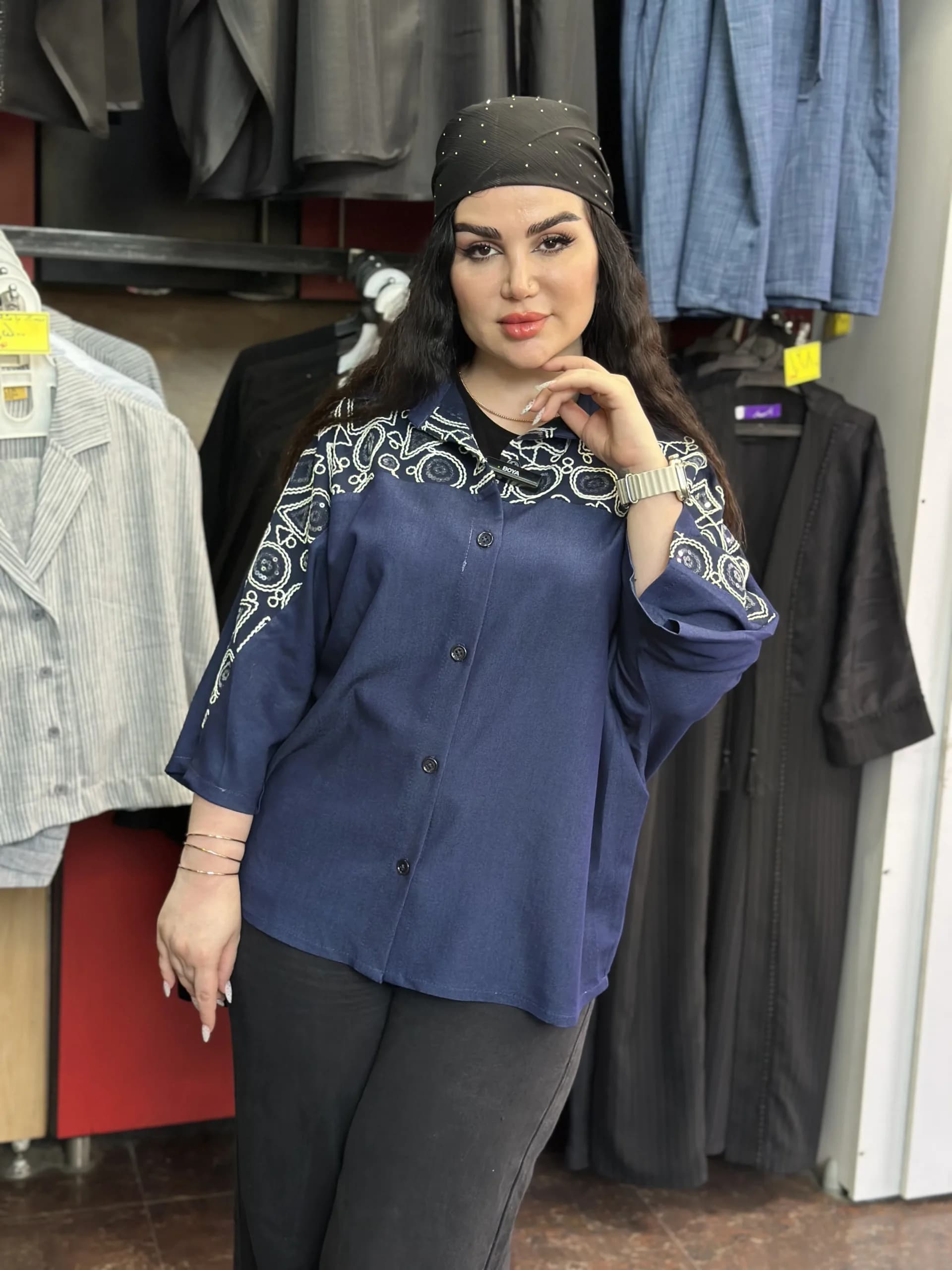 شومیز زنانه تنسل جین گلدوزی شده آبی | مناسب تا سایز ۵۲