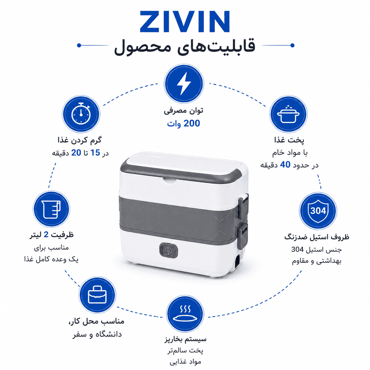 ظرف غذای برقی زیوین (ZIVIN) مدل 2 لیتری | گرم‌کن و پخت غذا 200 وات — تصویر ۴