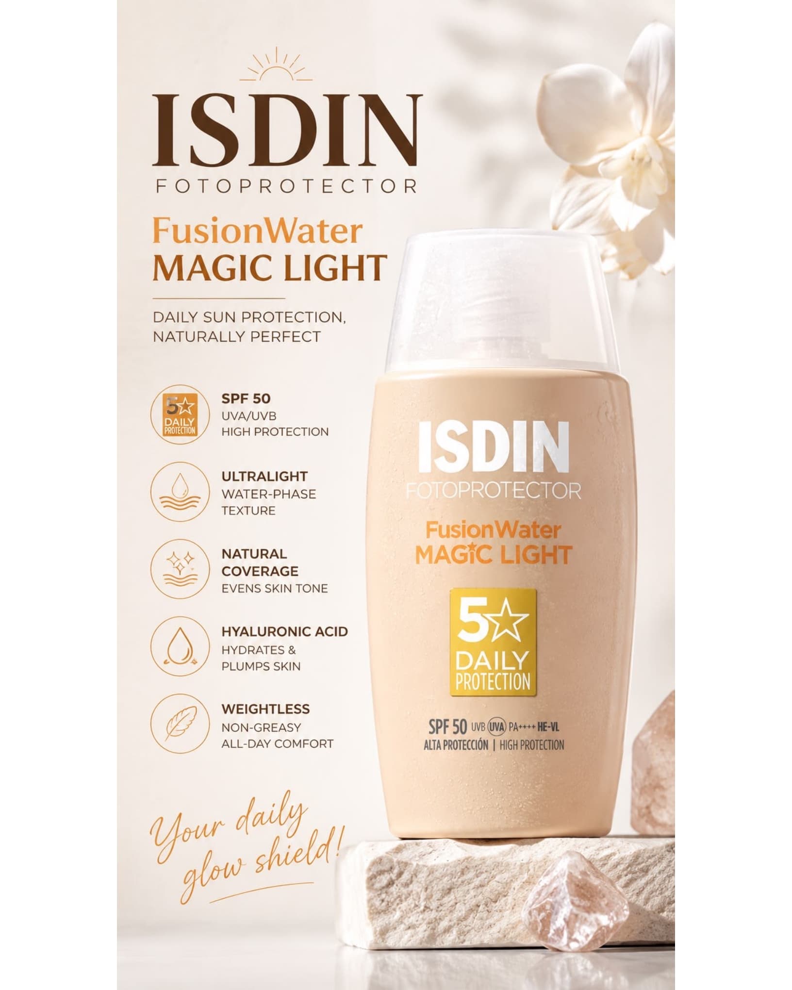 ضدآفتاب ایزدین مدل فیوژن واتر مجیک لایت (SPF50) 50 میل-ISDIN Fusion Water Magic Light SPF50 50ml — تصویر ۲