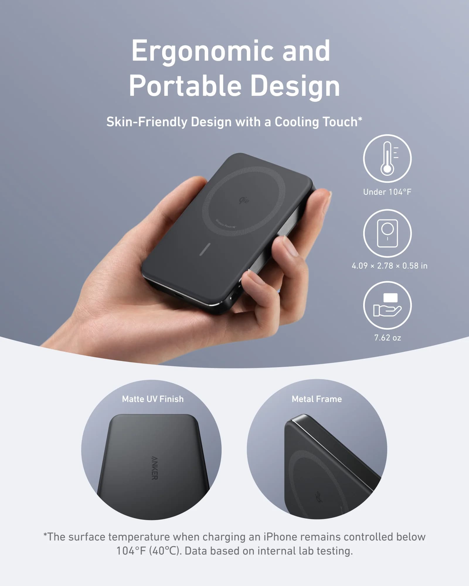 پاوربانک انکر Anker MagGo Slim مدل A1664، ظرفیت ۱۰۰۰۰ میلیآمپرساعت، شارژ Qi2 تا ۱۵ وات و بدنه باریک — تصویر ۵