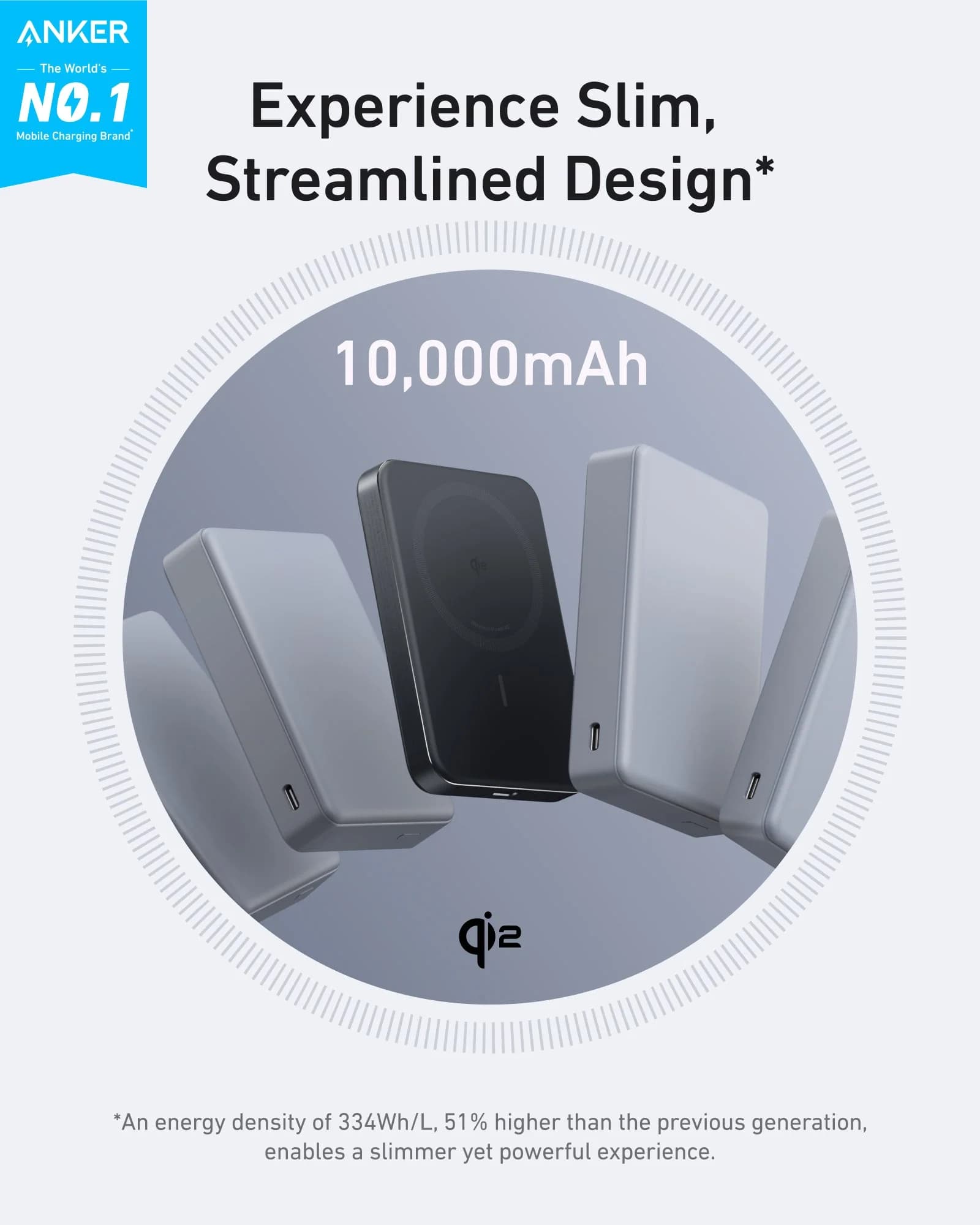 پاوربانک انکر Anker MagGo Slim مدل A1664، ظرفیت ۱۰۰۰۰ میلیآمپرساعت، شارژ Qi2 تا ۱۵ وات و بدنه باریک — تصویر ۳