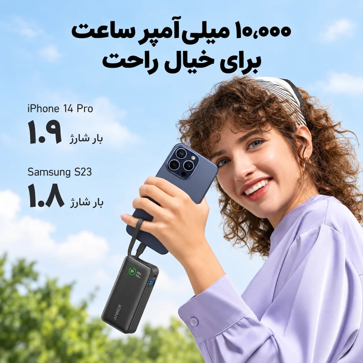پاوربانک انکر ⁦Anker Nano⁩ مدل ⁦A1259H11⁩، ظرفیت ۱۰۰۰۰ میلی‌آمپرساعت، توان ۳۰ وات و کابل داخلی ⁦USB-C⁩ — تصویر ۶
