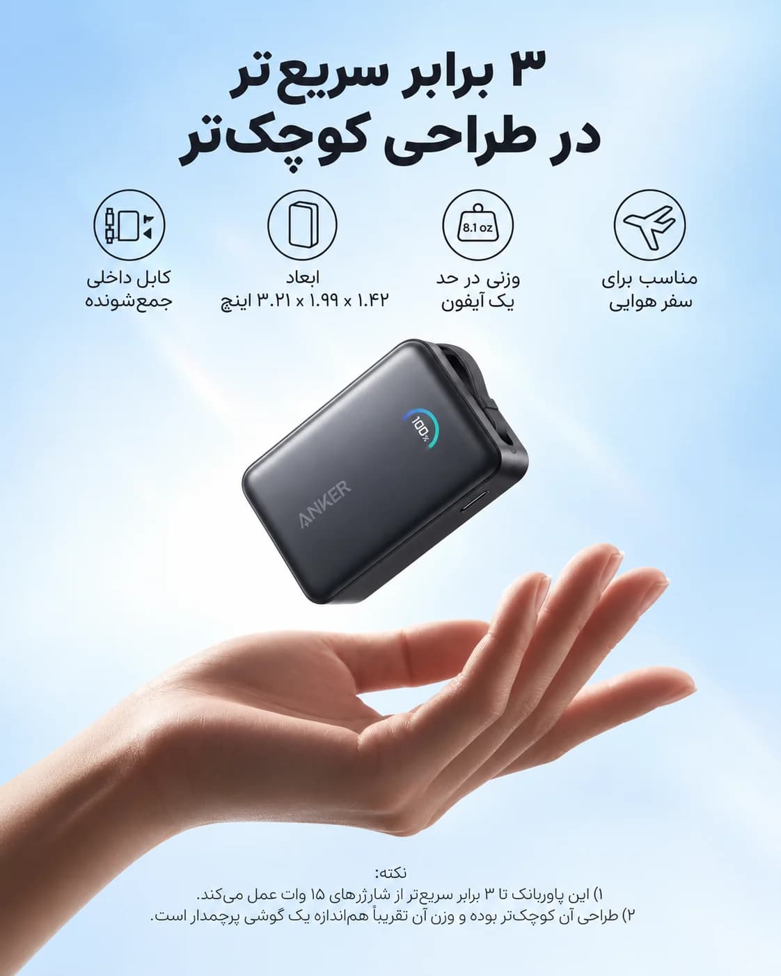 پاوربانک انکر ⁦Anker Nano⁩ مدل ⁦A1638⁩، ظرفیت ۱۰۰۰۰ میلی‌آمپرساعت، توان ۴۵ وات و کابل جمع‌شونده ⁦USB-C⁩ — تصویر ۷