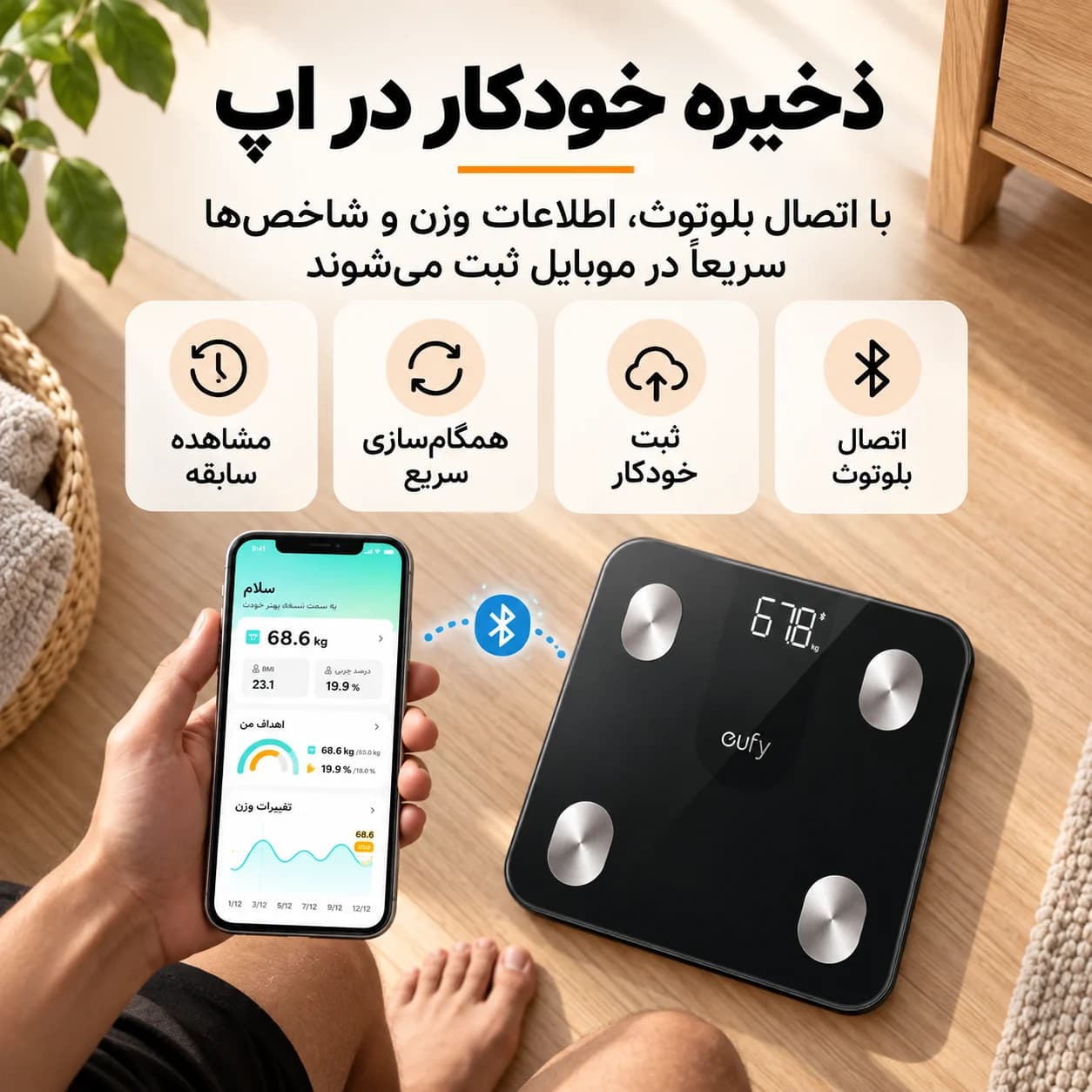 ترازوی هوشمند ⁦eufy Smart Scale A1⁩ مدل ⁦T9120⁩ با ۱۲ شاخص بدنی و اتصال ⁦Bluetooth⁩ — تصویر ۳