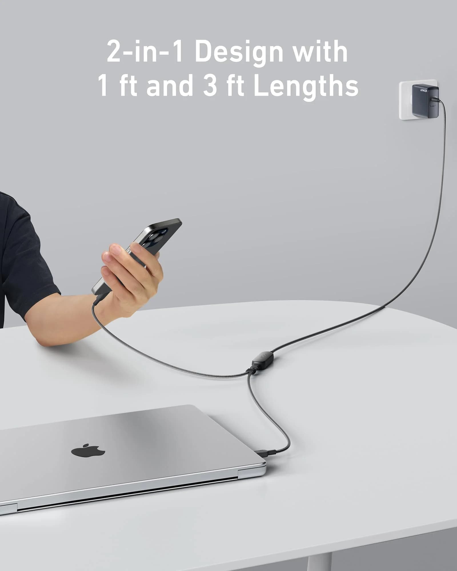 کابل ۲ در ۱ انکر ⁦Anker⁩ مدل ⁦A8895⁩، دو خروجی ⁦USB-C⁩ و توان حداکثر ۱۴۰ وات، طول ۱.۸ متر — تصویر ۳