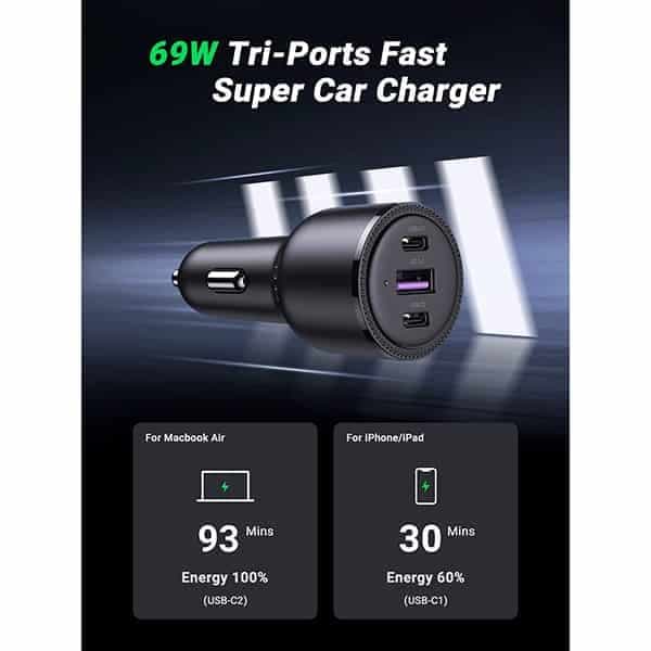 شارژر فندکی ۶۹ وات یوگرین با دو USB-C و یک USB-A مدل CD239 کد 20467 — تصویر ۸