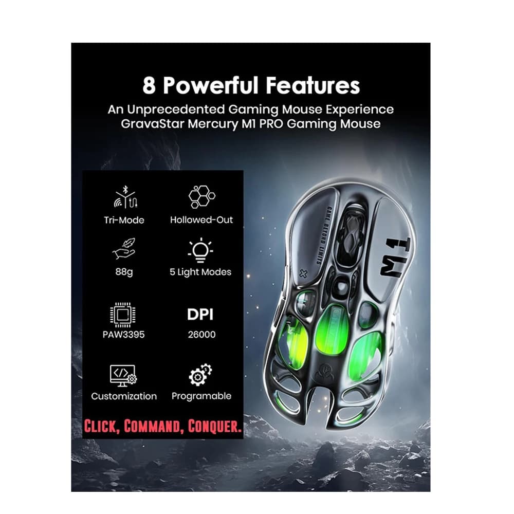 موس بی سیم گیمینگ گراوااستار مدل Mercury M1 Pro-Gunmetal Gray — تصویر ۳