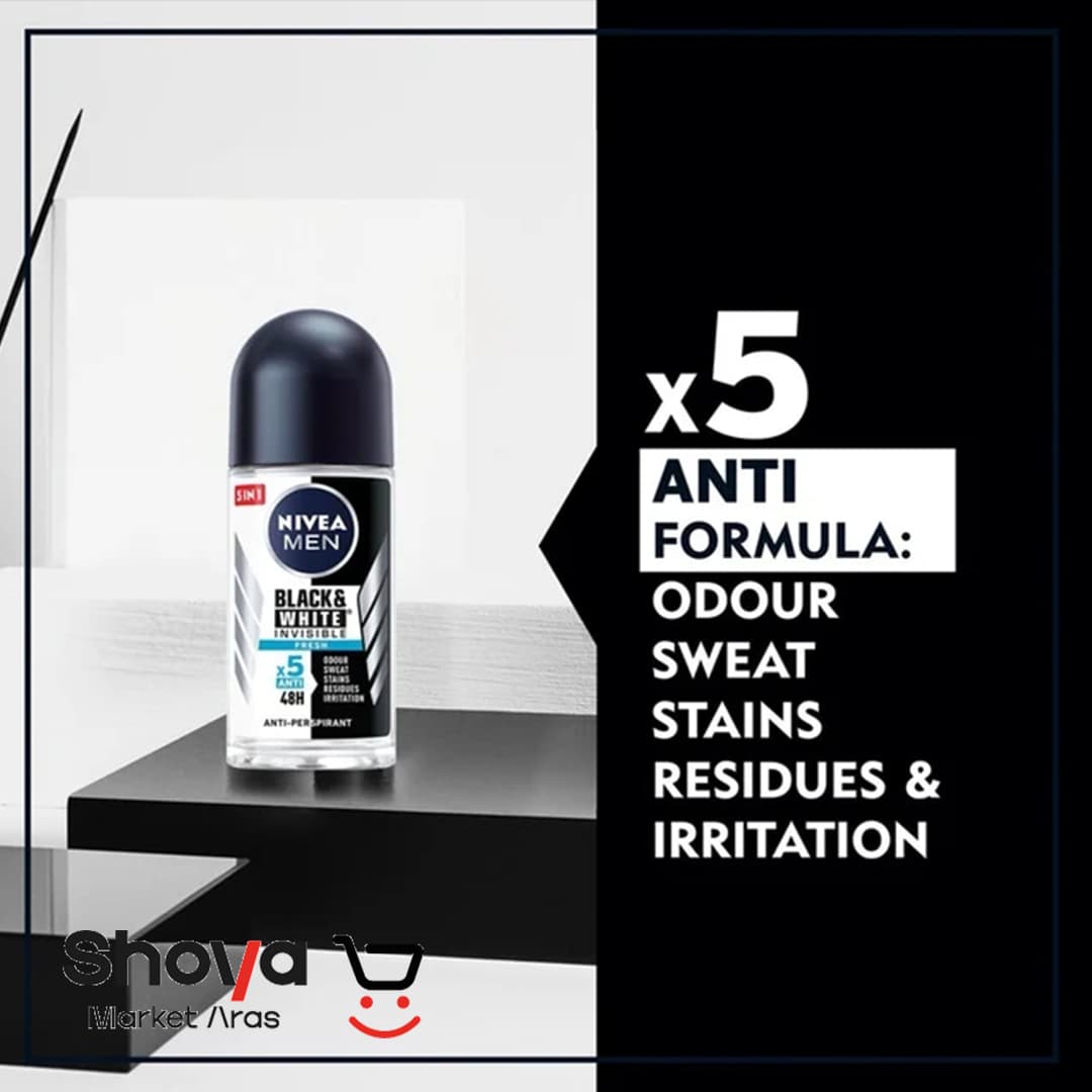 مام رولی مردانه نیوآ Nivea مدل Black & White Invisible با ماندگاری 48 ساعته حجم 50 میلی‌لیتر — تصویر ۶