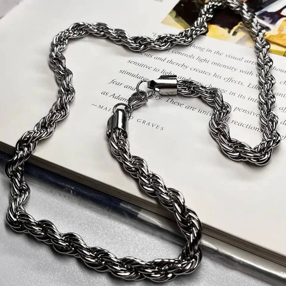 گردنبند و زنجیر استیل طرح بافت حصیری 8 میل ضد حساسیت رنگ ثابت کد etk — تصویر ۲