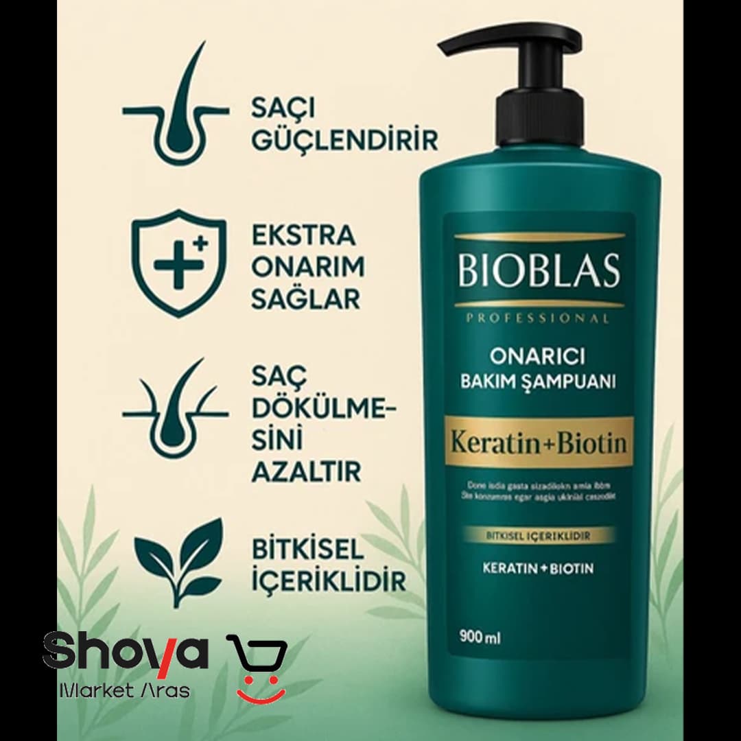 شامپو ترمیم کننده بیوبلاس Bioblas مدل Onarıcı حاوی بیوتین و کراتین مناسب انواع مو حجم ۹۰۰ میلیلیتر — تصویر ۲