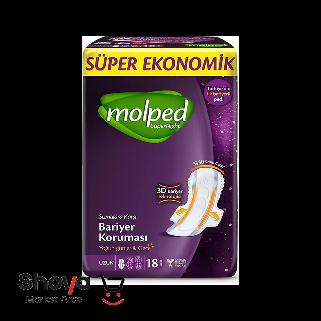 نوار بهداشتی مولپد Molped مدل Super Night سوپر نایت مناسب شب سایز long بلند بسته 18عددی