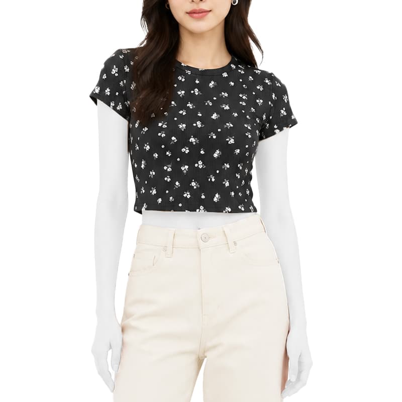 تیشرت کراپ اچ اند ام H&M زنانه کبریتی پینترستی طرح گلی کد 103