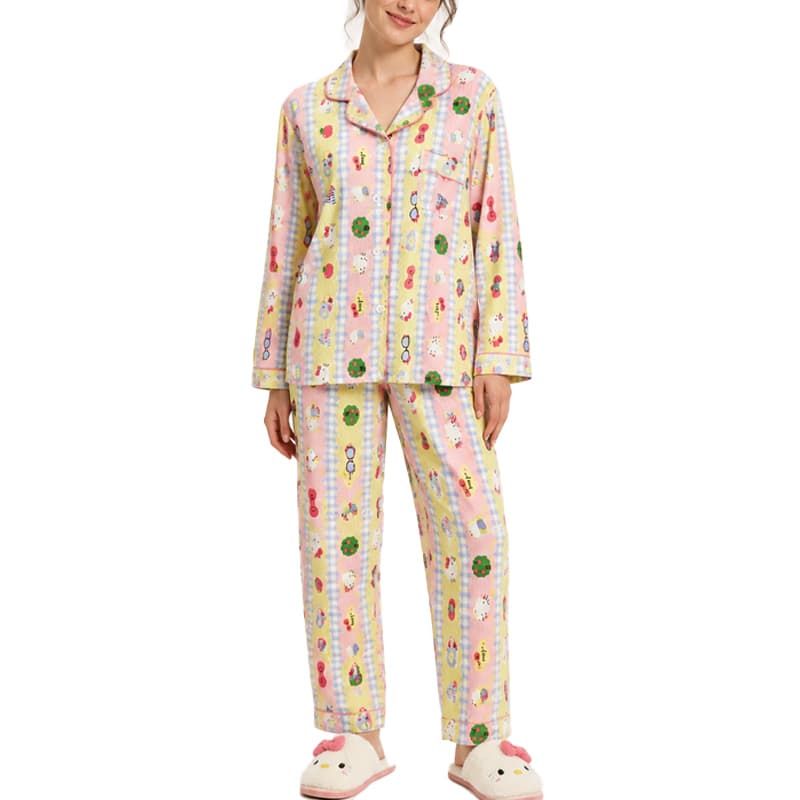 ست بلوز آستین بلند جلو دکمه و شلوار خانگی دخترانه و زنانه راحتی موسلین طرح هلو کیتی Hello Kitty کد 72