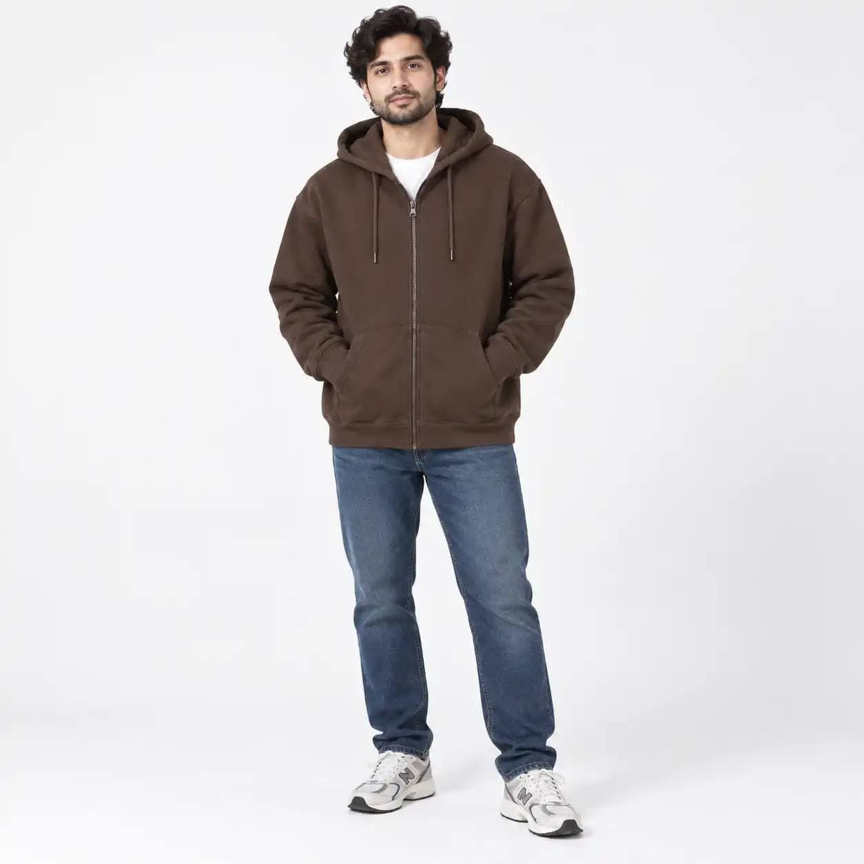 سویشرت مردانه و زنانه قهوه‌ای زیپ دار کلاه‌دار تو کرکی اورجینال وارداتی برند thread&cloth