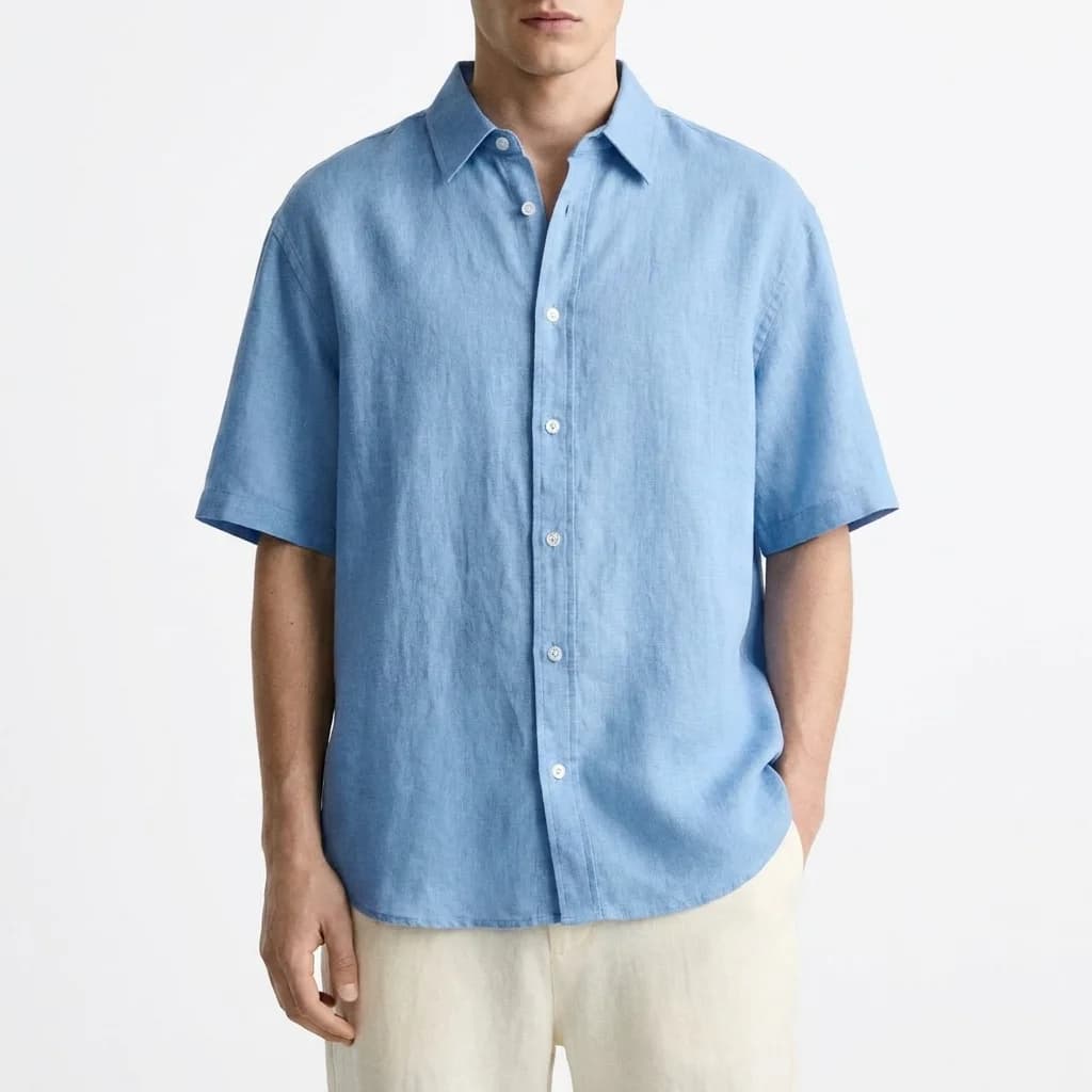 پیراهن آستین کوتاه لینن وارداتی ZARA- آبی — تصویر ۴