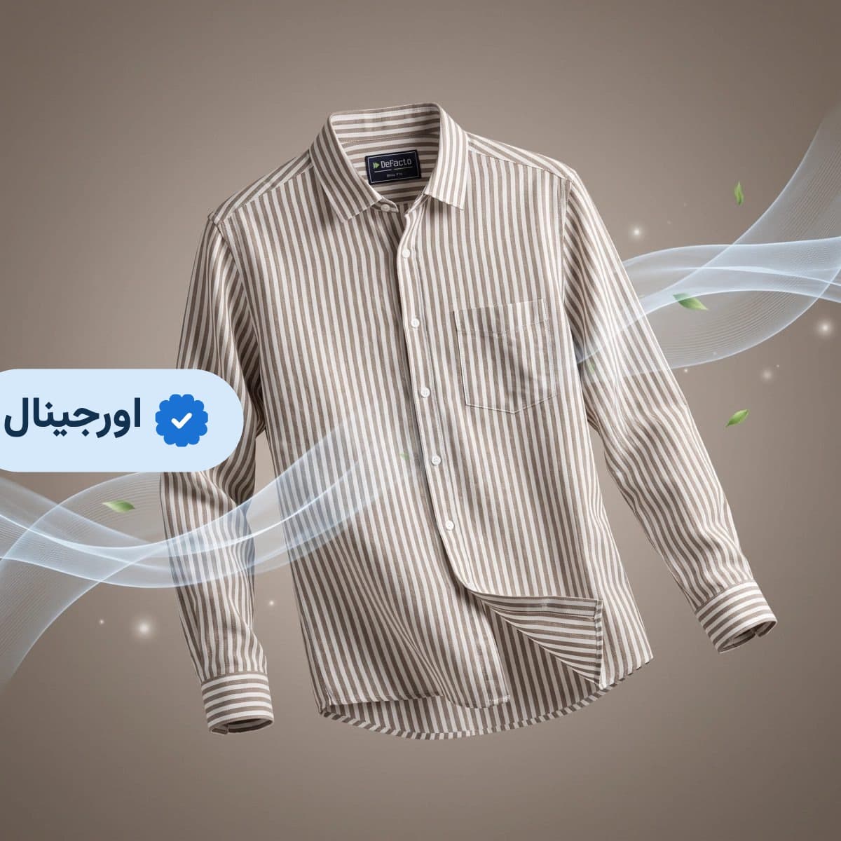 پیراهن لینن مردانه آستین بلند راه راه وارداتی Defacto – نسکافه‌ای