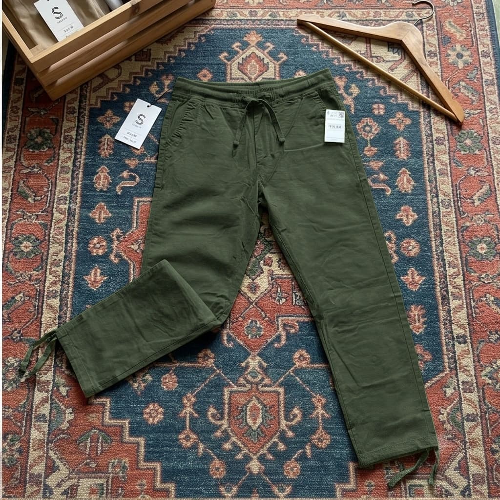 شلوار خنک کتان کاغذی مردانه رگولار pull a bear- سبز تیره ارتشی