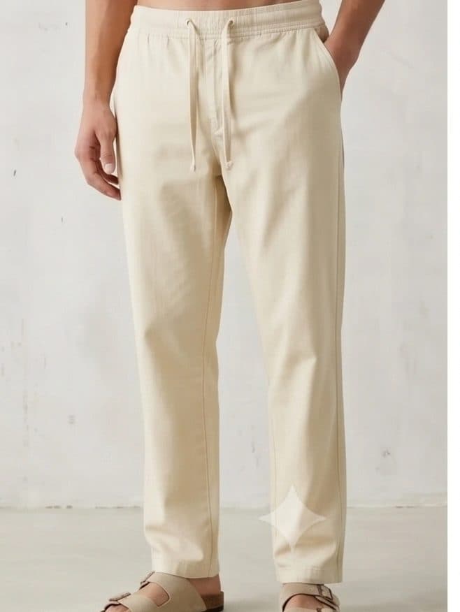 شلوار لینن مردانه خنک کمرکش نیم بگ pull and bear کرمی — تصویر ۲