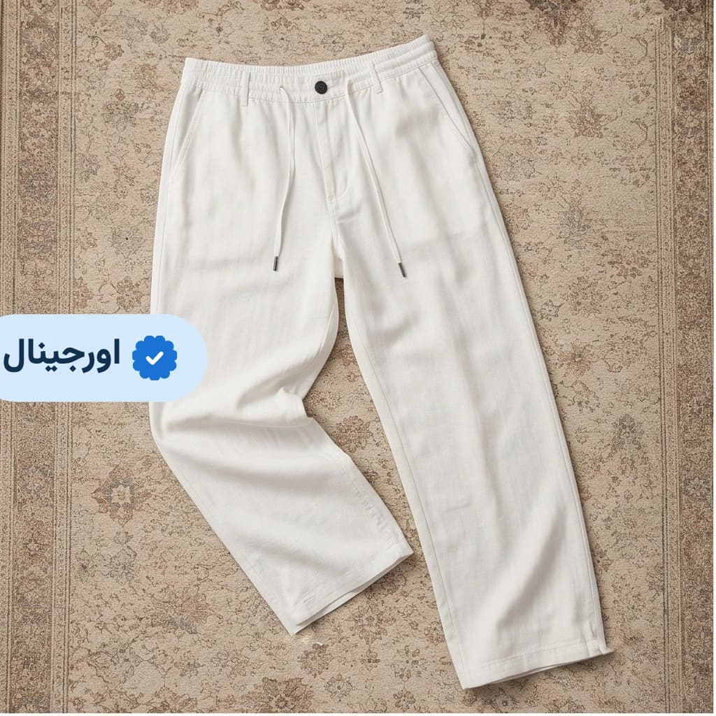 شلوار لینن مردانه خنک کمرکش نیم بگ pull and bear – سفید