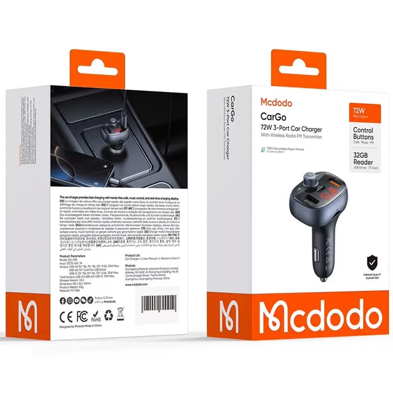 شارژر فندکی 3پورت 72وات با قابلیت تماس و پخش موسیقی مک دودو مدل CC-5950