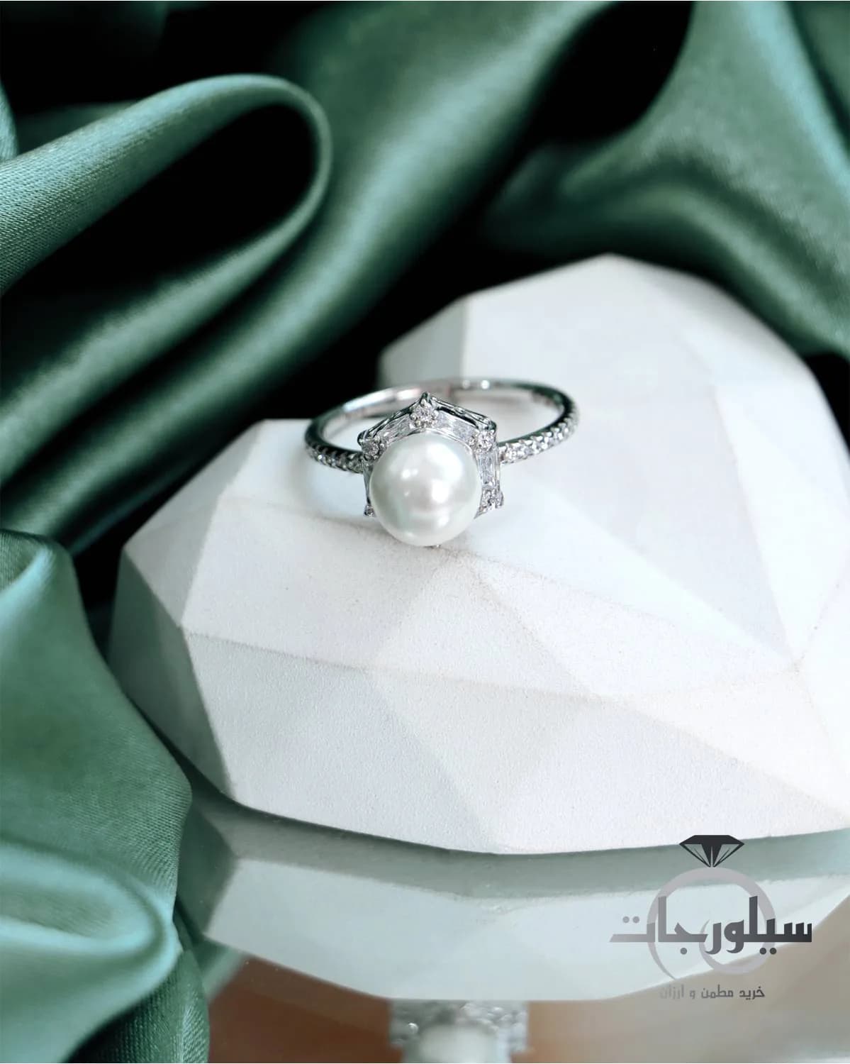 انگشتر نقره زنانه تک نگین مروارید — تصویر ۲