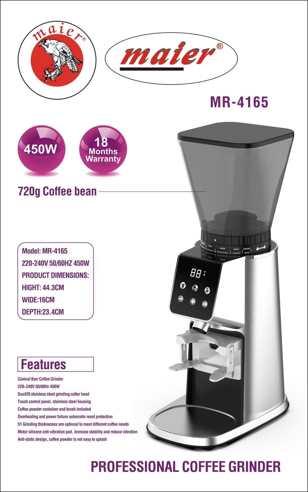 آسیاب قهوه دیجیتال مایر مدل MR-4165