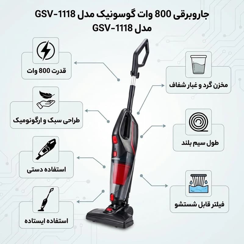 جاروبرقی ایستاده مخزن‌دار گوسونیک مدل GSV-1118 با قدرت موتور 800 وات و گرید انرژی A