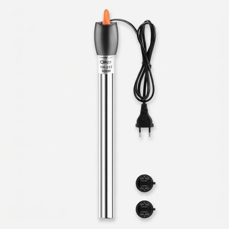 بخاری اکواریوم سی استار مدل HX-233 توان 300 وات، المنت سرامیک، نصب با بادکش، حداکثر دما 34 درجه سانتی‌گراد، مناسب آب شیرین، وزن 450 گرم، ابعاد 3×3×45 سانتی‌متر